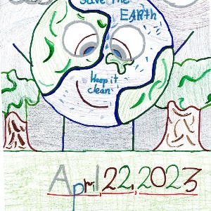 The earth as a stick figure stands in a forest looking down at the ground and smiling.